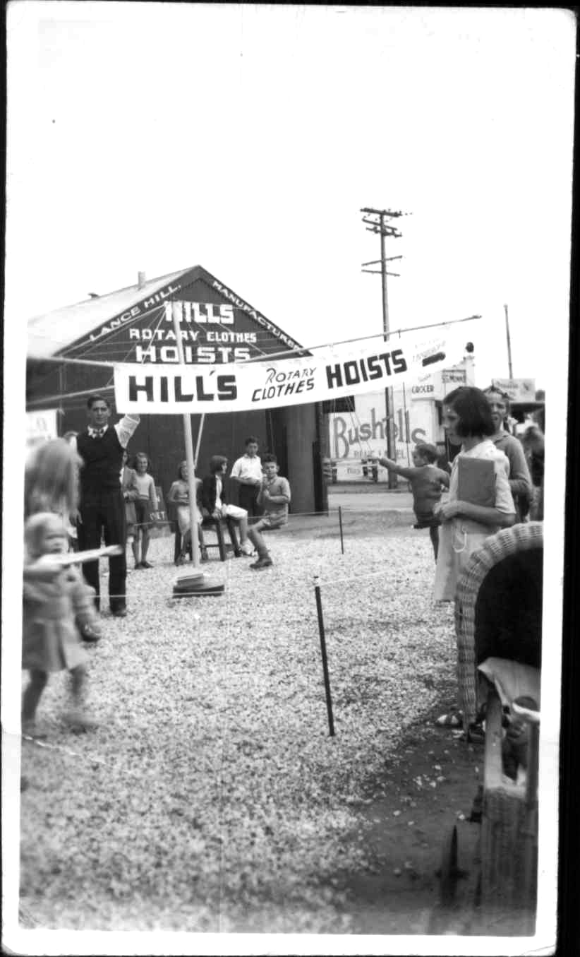 Hills Rotary Clothes Hoists on display at an Australian show ground in the 1940s