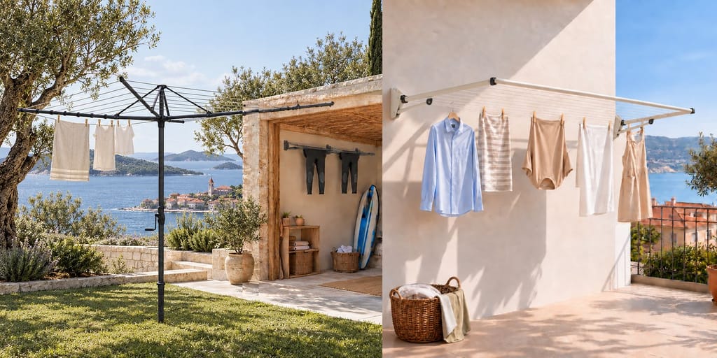 Montage of Hills lifetime-warranty rotary and folding frame clotheslines in outdoor settings