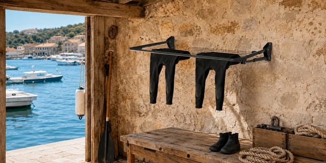 Hills folding frame clothesline in a sheltered boatshed by the harbour