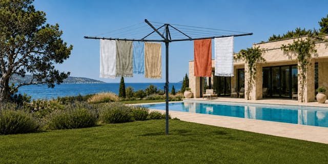 Hills Rotary 7 clothesline in a coastal garden beside a pool