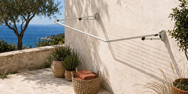 Hills retractable clothesline mounted on a terrace wall overlooking the sea